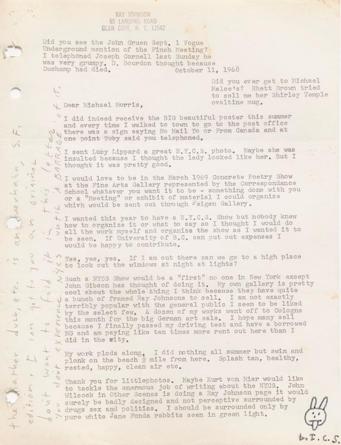 Belkin Art Gallery Collections Management System : Item : Letter to Michael  Morris from Ray Johnson [M/T 022.08.009]