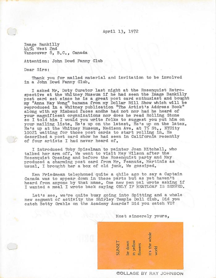 Belkin Art Gallery Collections Management System Item Letter To Michael Morris And Vincent Trasov From Ray Johnson M T 022 08 124